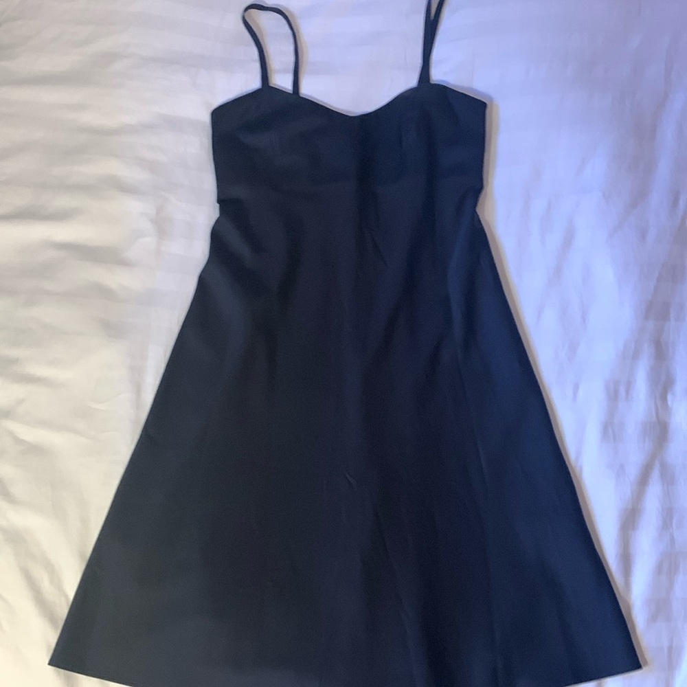 BR LBD black sateen v neck spaghetti strap petite dress EUC